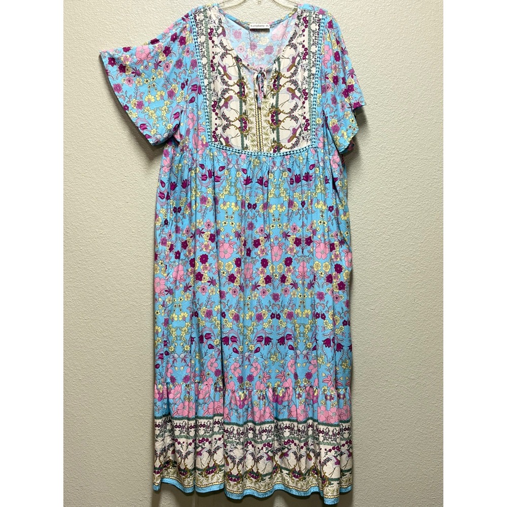 Rusttydustty Womens 4XL Floral Bird Print Boho Maxi Dress Blue Viscose Tiered